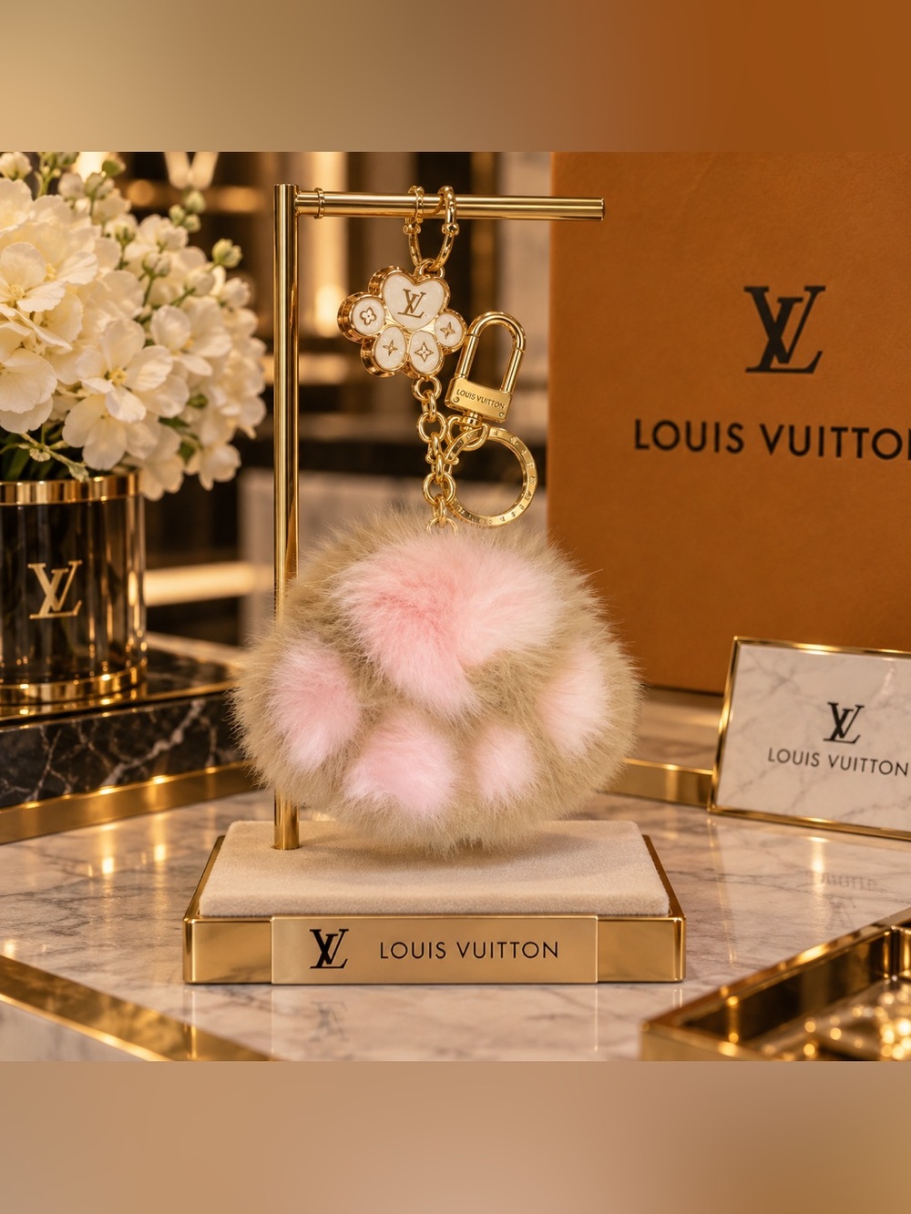 Pink & Beige Fur Paw Key Holder with Gold Hardware